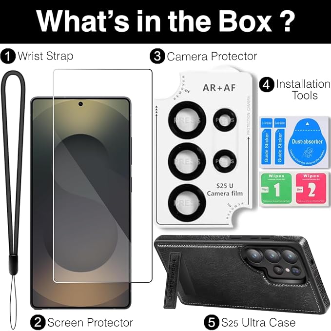 for Galaxy S25 Ultra Leather Case, Built-in Foldable Alloy Stand, with Camera Lens and Screen Protector, Slim Shockproof Kickstand Phone Cover 2025 (Black)