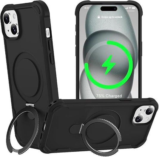 Designed for iPhone 15 Plus Case with Magnetic Stand [Military Drop Protection][Compatible with Magnet] Shockproof 15 Plus Phone Case with Ring Holder, Black