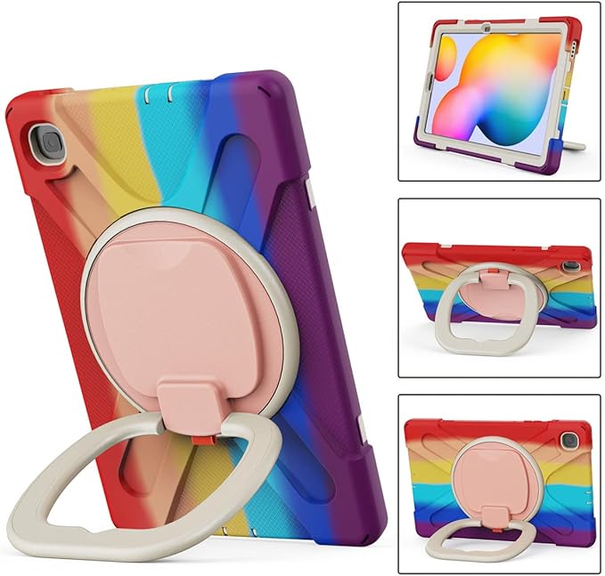 360 Rotation Case for Samsung Galaxy Tab S6 Lite 10.4" Sturdy Cover Rotate Ring Stand Shoulder Carrying Strap Hand Strap Rugged Children Adults Outdoor Case (Colourful Red)