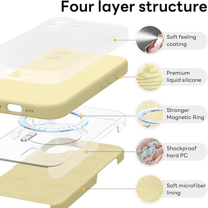 Vooii Magnetic Compatible with iPhone 17 Case (Compatible with Magsafe) (Upgraded Camera Protection) Liquid Silicone Shockproof Full Body Protective Phone Cover for Women Men, Creamy Yellow, 6.3"