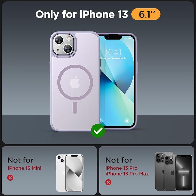Miracase Magnetic for iPhone 13 Case 6.1 inch (Compatible with MagSafe)（with 2X Screen Protectors） Military-Grade Protection, Anti-Fingerprint Translucent Matte Phone Case Cover, Light Purple