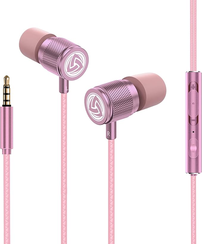 LUDOS Ultra Wired Earbuds in-Ear Headphones, 5 Years Warranty, Earphones with Microphone, Noise Isolating Ear Buds, Memory Foam for iPhone, Samsung, School Students, Kids, Women, Small Ears - Pink