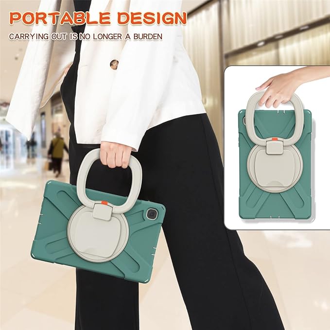 360 Rotation Case for Samsung Galaxy Tab S6 Lite 10.4" Sturdy Cover Rotate Ring Stand Shoulder Carrying Strap Hand Strap Rugged Children Adults Outdoor Case (DarkGreen)