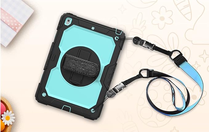 SEYMAC stock Case for iPad 9th/ 8th/ 7th Generation 10.2'', Shockproof with Screen Protector, Pencil Holder [360° Rotating Hand Strap] & Stand, for iPad 10.2 inch 2021-2019 (SkyBlue+Black)