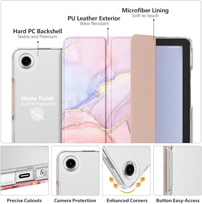 MoKo Case for Galaxy Tab A9+/A9 Plus 11 inch 2023, Slim Stand Protective Smart Cover with Hard PC Translucent Back Shell for Tab A9+ Tablet (SM-X210/X216/X218), Auto Wake/Sleep, Light Pink Gold Marble