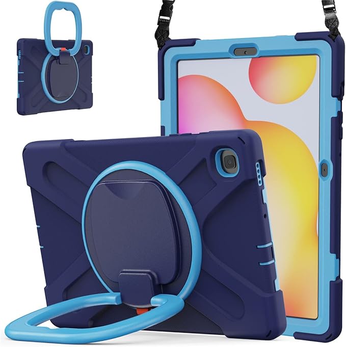360 Rotation Case for Samsung Galaxy Tab S6 Lite 10.4" Sturdy Cover Rotate Ring Stand Shoulder Carrying Strap Hand Strap Rugged Children Adults Outdoor Case (Navy+Blue)