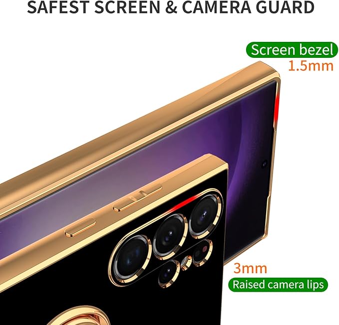 Dinick Black for Samsung Galaxy S24 Ultra Case with Ring Holder Kickstand [with Magnetic] Soft TPU Bumper, Glitter Gold Electroplated Cover Slim Thin Protective Phone Case for Galaxy S24 Ultra
