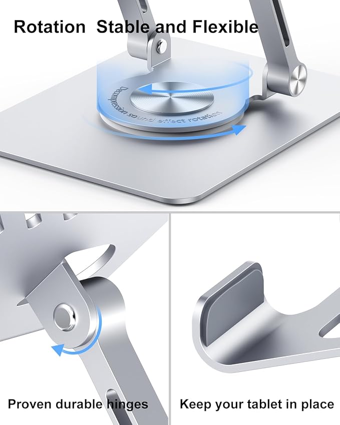 JUANWE Tablet Stand Holder with 360° Rotating Base, Adjustable Foldable iPad Stand, Aluminium Tablet Holder for Desk, Compatible with iPad Pro/Air//Mini, Switch, iPhone15 and More (4-13 inch)