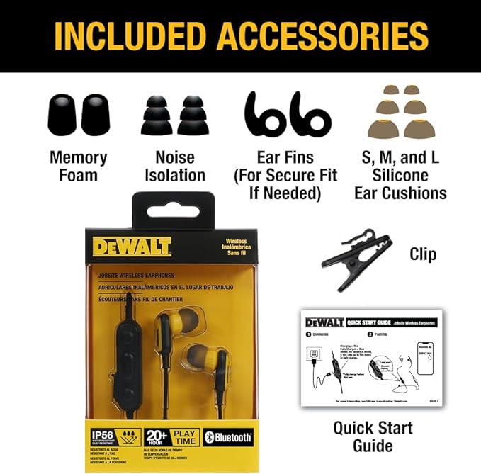 DEWALT Heavy Duty Neckband Bluetooth Earbuds, Wireless Bluetooth 5.2 Headphones w/Microphone, Lightweight Comfort, IP56 Waterproof, Deep Bass Strong Beat, 20H Playtime, Jobsite Behind-Neck Earphones