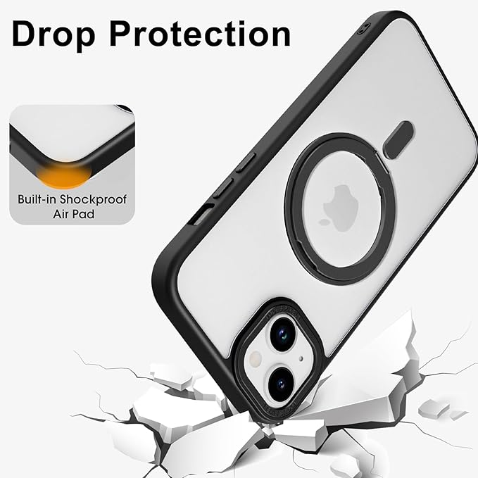 ZIYE Magnetic Case for iPhone 15 Case with Stand [Compatible with MagSafe] Slim Shockproof Military Grade Heavy Duty Cover with 360 Rotatable Ring Kickstand for Women Men, Translucent Black
