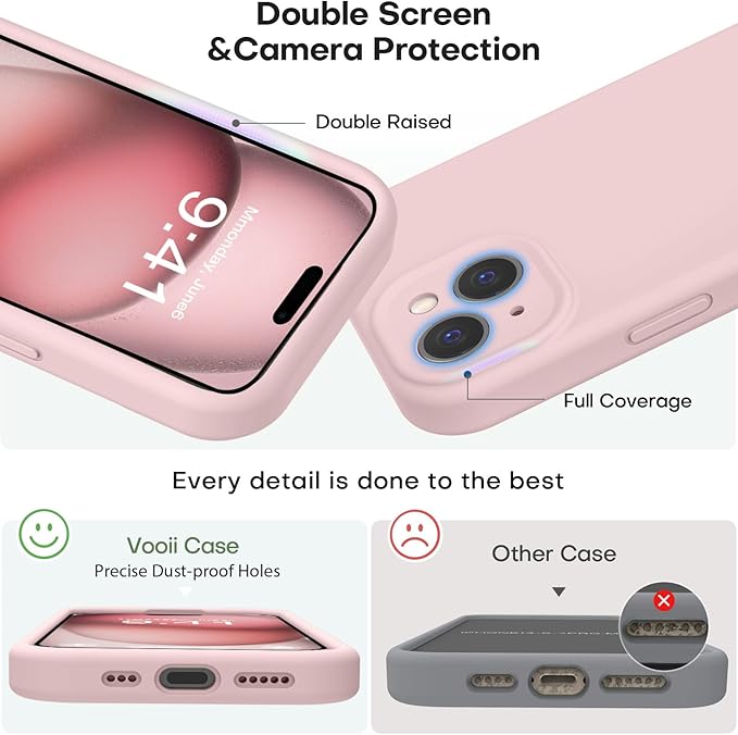 Vooii Compatible with iPhone 15 Case, Upgrade Defender Liquid Silicone, [Enhanced Camera Protection] [Soft Anti-Scratch Microfiber Lining] Shockproof Phone Case for iPhone 15 6.1 inch - Pink Sand