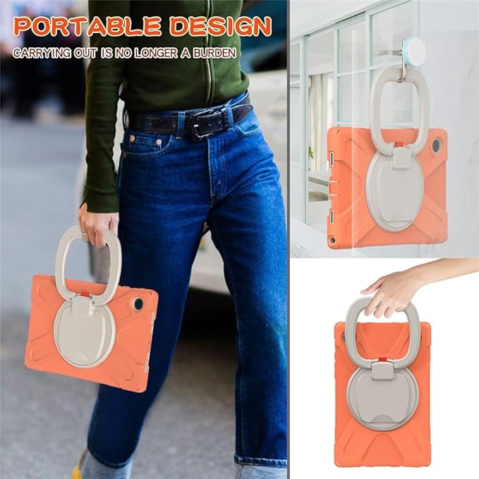 360 Rotatable Galaxy Tab A8 10.5" Case Sturdy Cover Rotate Ring Stand Shoulder Carrying Strap Hand Strap Rugged Children Adults Outdoor Case, Orange