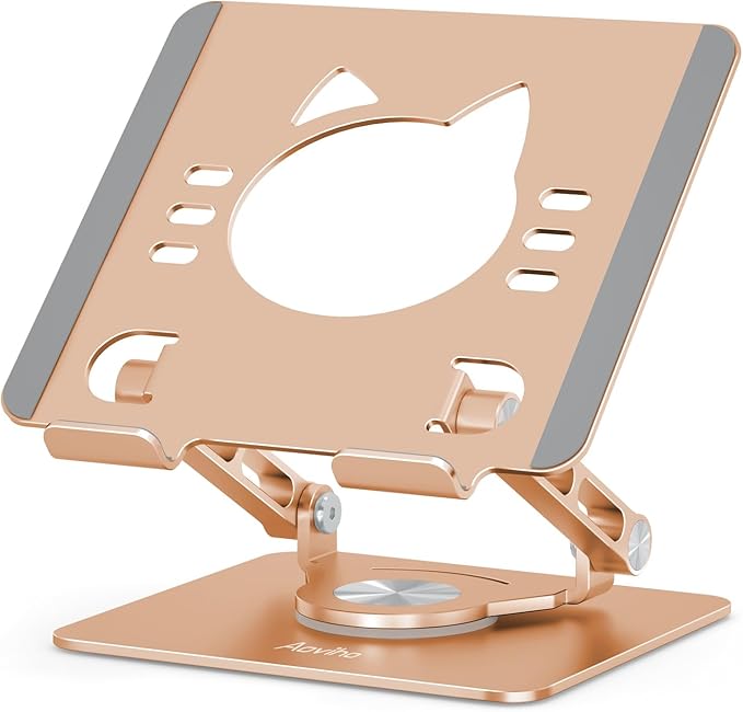 Tablet Stand 360° Rotating Aluminum Holder, Adjustable, Portable and Foldable Monitors Stand for iPads, Compatible with 4-12.9" Tablets, Golden