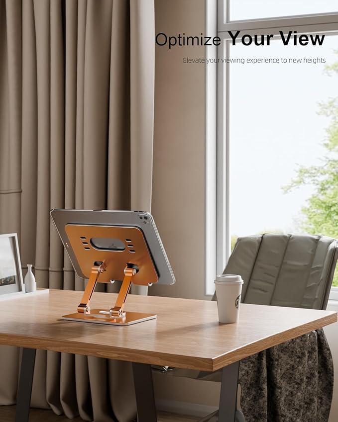 Tablet Stand Holder with Thickened 360°Rotating Base Dual Rod Adjustable Aluminum Stand for All 5.8-12.9” iPad Samsung Phone Tablet Kindle E-Reader and More, Rose