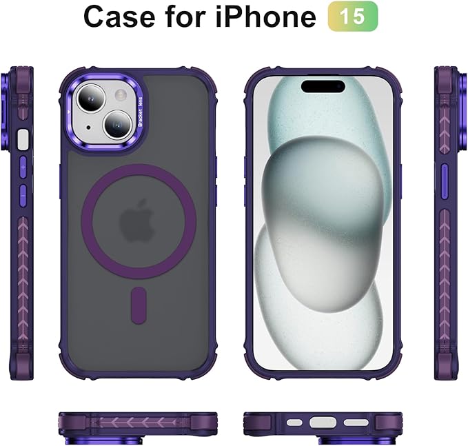 Magnetic for iPhone 15 Case Purple with MagSafe Wireless Charging Heavy Duty Military-Grade Shockproof Protection Adjustable Kickstand Slim Matte Anti-Fingerprint Cover Men Women