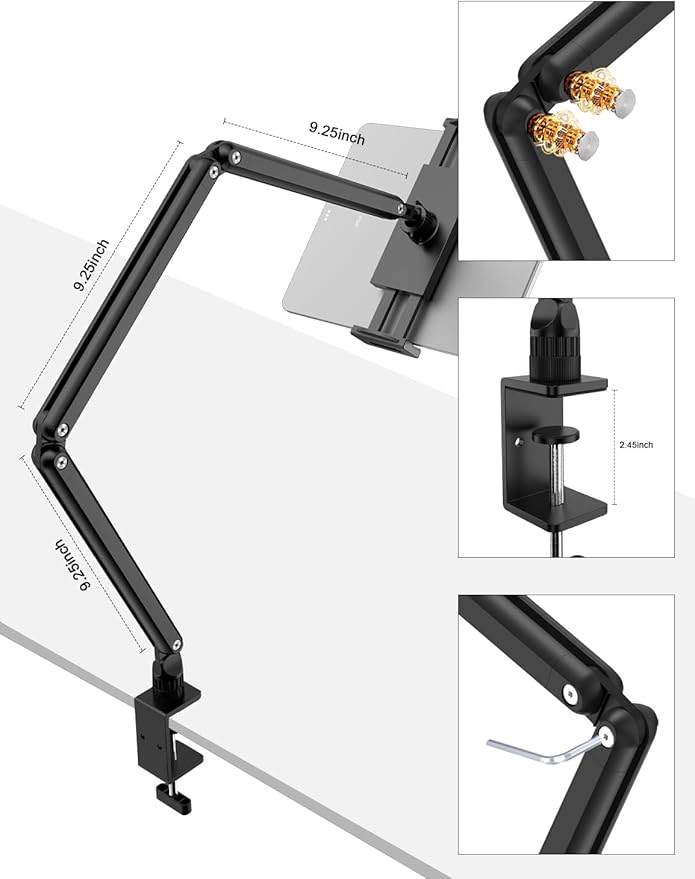 Adjustable Aluminum Tablet Stand, Foldable Arm for Desk/Bed, 360° Rotation, Compatible with iPad Pro 12.9/11, Air, Mini, Samsung Tabs, Nintendo Switch, 5.1''-15.9'' Devices - Sturdy & Portable