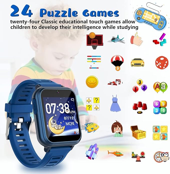 Retysaz Kids Smart Watch,24 Game Smart Watch for Kids, Smartwatches for Children 3-14 Ideal Great Present to Girls Boys (Blue)