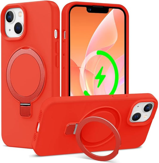 ZHK Liquid Silicone Designed for iPhone 13/14 Case with Magnet Stand, [Mil-Grade Drop Shockproof][Soft Anti-Scratch Microfiber Lining] Slim Fit Cover, Red