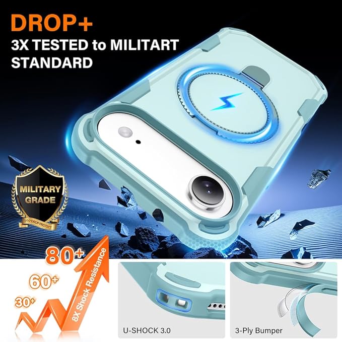 Designed for iPhone 17 Air Case with Magnetic Stand [Military Drop Protection][Compatible with Magnet] Shockproof 17 Air Phone Case with Ring Holder, Green