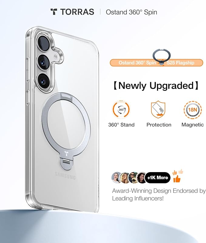 TORRAS 360° Spin for Samsung Galaxy S25 Case with Stand, Fit for MagSafe, 3X Military Grade Protective, Rotatable Kickstand for Samsung S25 Case, Magnetic Ring Slim Hard Cover, Crystal Clear 6.2''