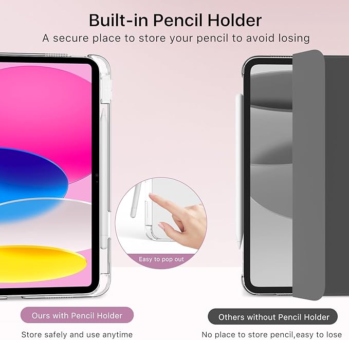 MoKo for iPad (A16) 11th Generation Case 11 Inch 2025, iPad 10th Gen Case 10.9 Inch 2022 with Pencil Holder, Slim Light Trifold Protective Cover with Hard PC Transparent Back Shell, Light Pink Marble