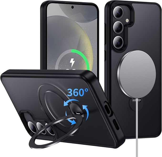 for Samsung Galaxy S24 Case,Compatible with Magsafe [Wireless Charging],with 360°Rotatable Magnetic Ring Stand Matte Translucent Slim Soft Edge Phone Kickstand,Black