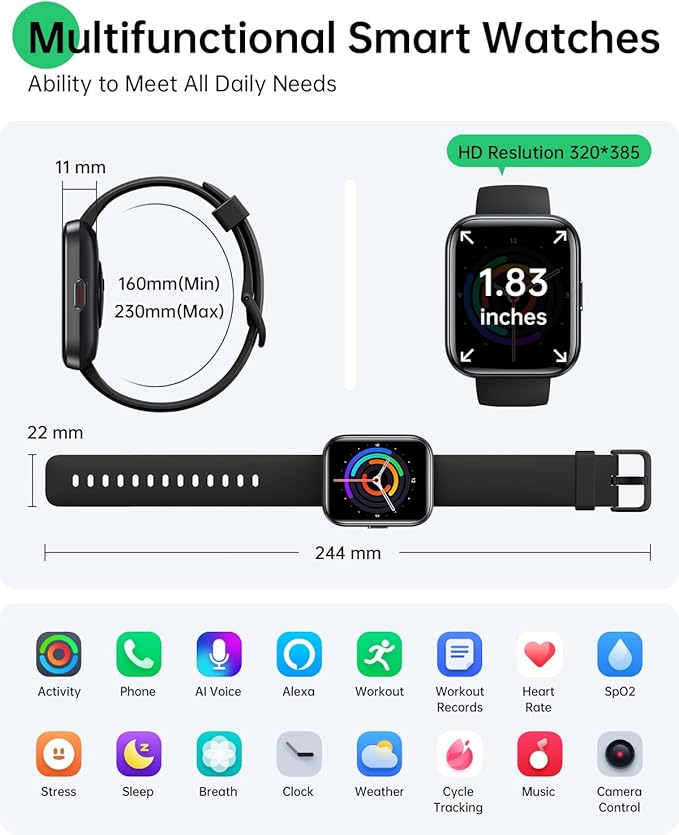 Smart Watches for Women and Men - 2025 New Smart Watch with 3 ATM Waterproof 1.83" Display 120+Sports,Fitness Tracker for iPhone Android Phone,Alexa,Call&Notification Alerts,Heart Rate&Sleep Monitor