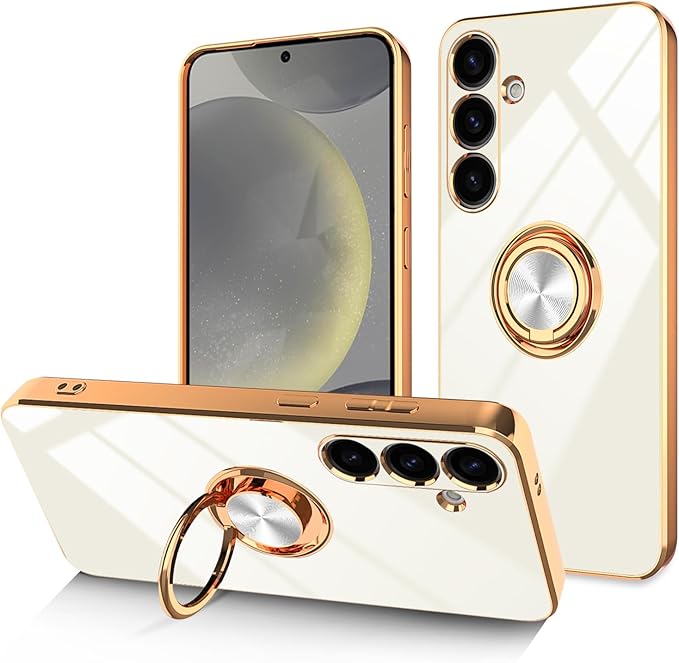 Dinick White for Samsung Galaxy S24 Case with Ring Holder Kickstand [with Magnetic] Soft TPU Bumper, Glitter Gold Electroplated Cover Slim Thin Protective Phone Case for Galaxy S24