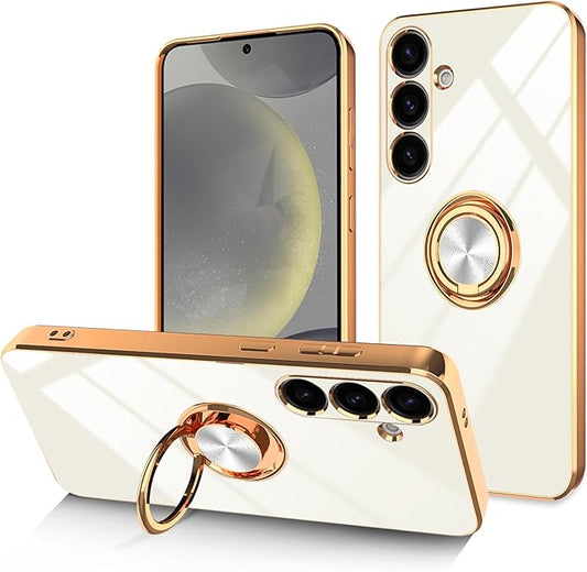Dinick White for Samsung Galaxy S24 Case with Ring Holder Kickstand [with Magnetic] Soft TPU Bumper, Glitter Gold Electroplated Cover Slim Thin Protective Phone Case for Galaxy S24