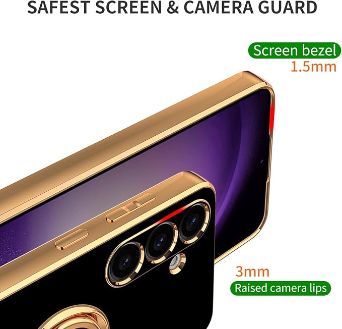 Dinick Black for Samsung Galaxy S24 Case with Ring Holder Kickstand [with Magnetic] Soft TPU Bumper, Glitter Gold Electroplated Cover Slim Thin Protective Phone Case for Galaxy S24