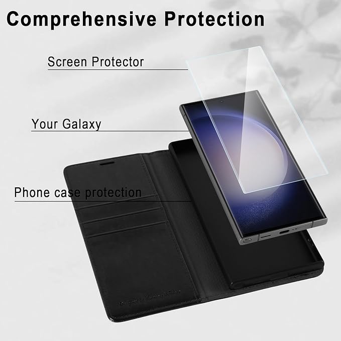 MONASAY Wallet Case Compatible for Galaxy S23 Ultra 5G,[RFID Blocking] Flip Folio Leather Cell Phone Cover with Credit Card Holder, 6.8 inch, Black