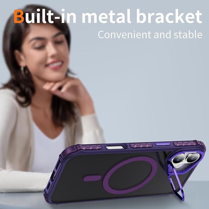 Magnetic for iPhone 16 Plus Case Purple with MagSafe Wireless Charging Heavy Duty Military-Grade Shockproof Protection Adjustable Kickstand Slim Matte Anti-Fingerprint Cover Men Women