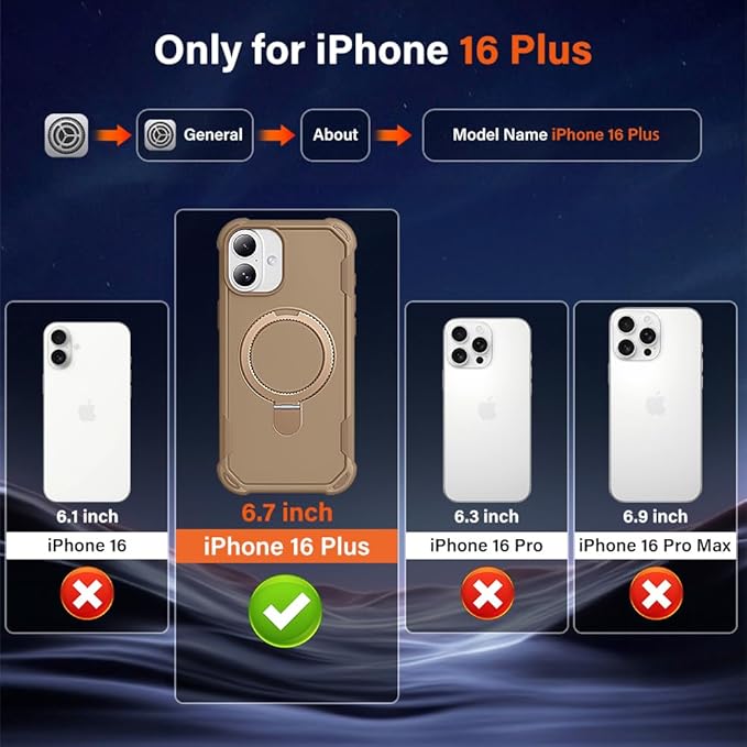 Designed for iPhone 16 Plus Case with Magnetic Stand [Military Drop Protection][Compatible with Magnet] Shockproof 16 Plus Phone Case with Ring Holder, Khaki