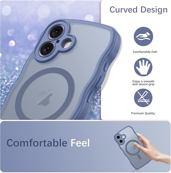 BENTOBEN for iPhone 16 Case Cute, Curly Wave iPhone16 Phone Case [Compatible with MagSafe], [Full Camera Protection] Slim Shockproof Translucent Matte 16 Magnetic Cover for Women Boys, Sierra Blue
