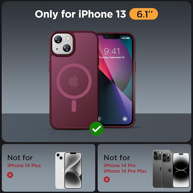 Miracase Magnetic for iPhone 13 Case 6.1 inch (Compatible with MagSafe)（with 2X Screen Protectors） Military-Grade Protection, Anti-Fingerprint Translucent Matte Phone Case Cover, Wine Red