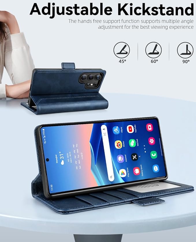 OCASE Compatible with Galaxy S25 Ultra Wallet Case, PU Leather Flip Folio Case with Card Holders RFID Blocking Kickstand [Shockproof TPU Inner Shell] Protective Phone Cover 2025, Retro Blue