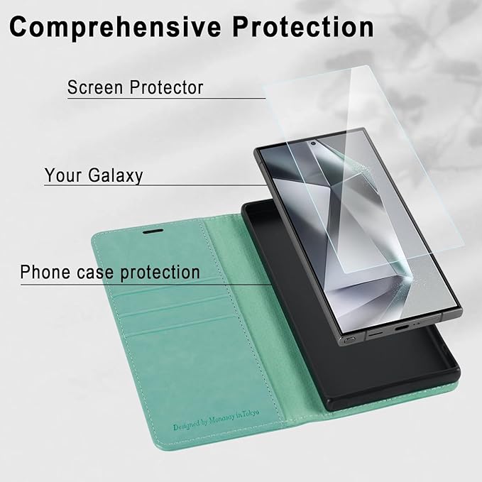 MONASAY Wallet Case Fit for Samsung Galaxy S24 Ultra 5G，[Lens & Glass Screen Protector] [RFID Blocking] Flip Folio Leather Cell Phone Cover with Credit Card Holder, 6.8 inch, Mint