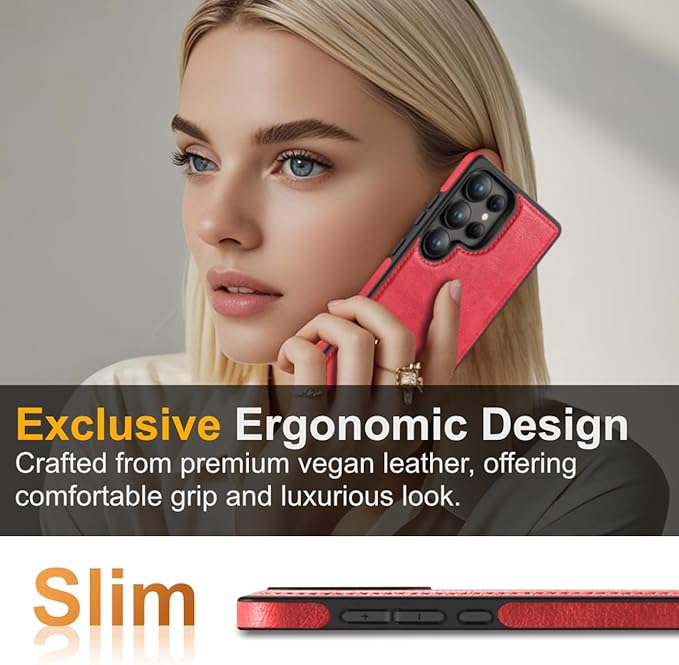 for Galaxy S25 Ultra Leather Case, Built-in Foldable Alloy Stand, with Camera Lens and Screen Protector, Slim Shockproof Kickstand Phone Cover 2025 (Red)