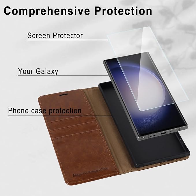 MONASAY Wallet Case Compatible for Galaxy S23 Ultra 5G,[RFID Blocking] Flip Folio Leather Cell Phone Cover with Credit Card Holder, 6.8 inch, Brown