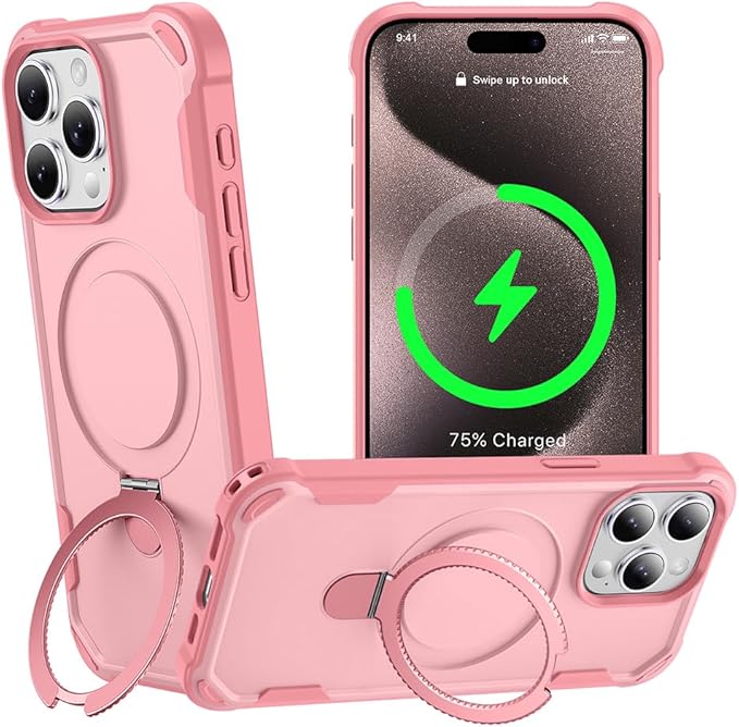Designed for iPhone 15 Pro Case with Magnetic Stand [Military Drop Protection][Compatible with Magnet] Shockproof 15 Pro Phone Case with Ring Holder, Pink