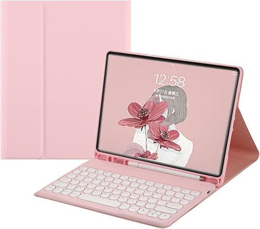 HENGHUI Keyboard Case for Galaxy Tab A9 8.7 inch 2023 (SM-X110/X115/X117) Keyboard Case Cute Round Key Color Keyboard Wireless Detachable BT Keyboard Cover,Pink