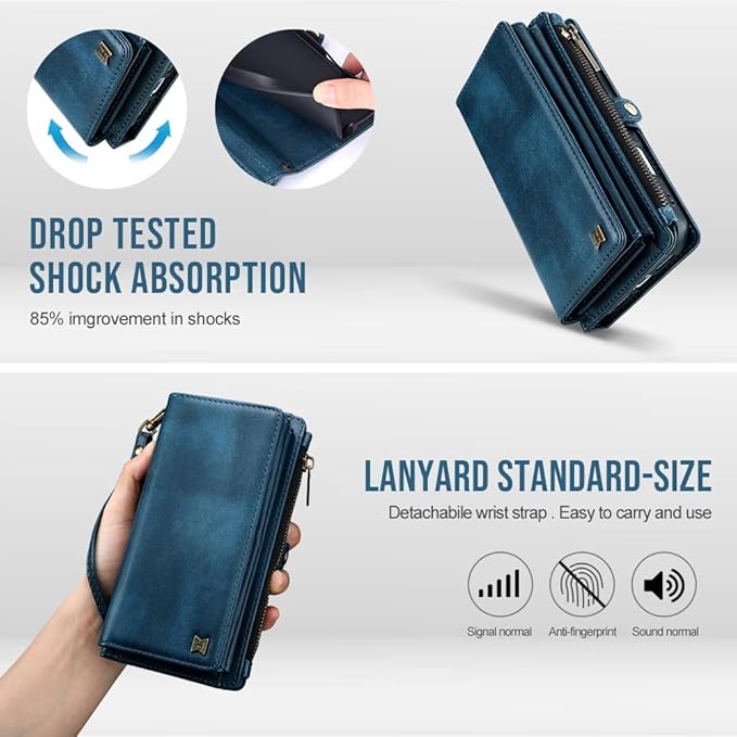 for iPhone 17 Pro Max Wallet Phone Case with 8 Card Holder,RFID Blocking | PU Leather | Kickstand | Flip | Wrist Strap&Shoulder Strap | Shockproof | Zipper Wallet | Women Men | 6.9" | Blue