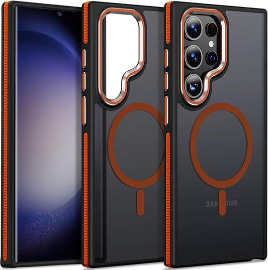 for Samsung Galaxy S24 Ultra Case, Magnetic Phone Case Compatible with Magsafe, Anti-Slip Drop Protection Translucent Cover for Galaxy S24 Ultra (Black/Orange)