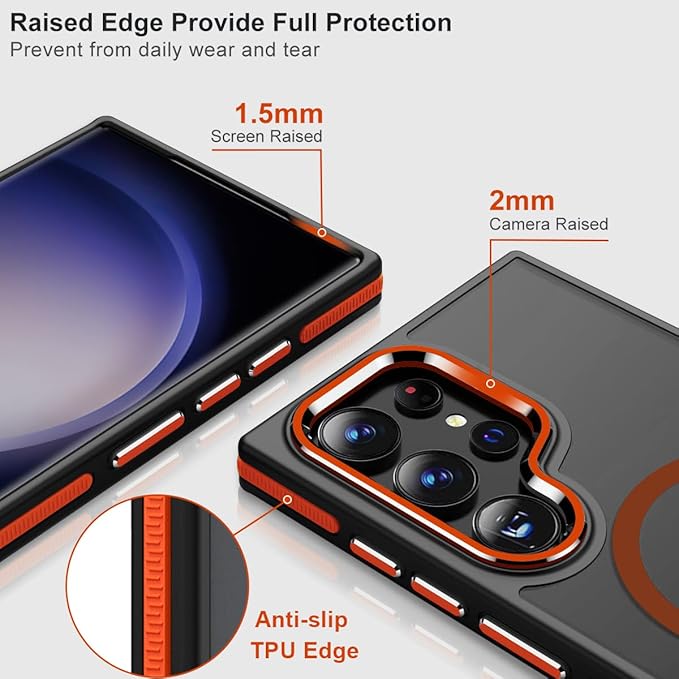Case for Samsung Galaxy S24 Ultra with Kickstand, Compatible with MagSafe, Anti-Slip Galaxy S24 Ultra Case, 3-Modes Stand Military-Grade Protection, S24 Ultra Magnetic Cover (Black/Orange)