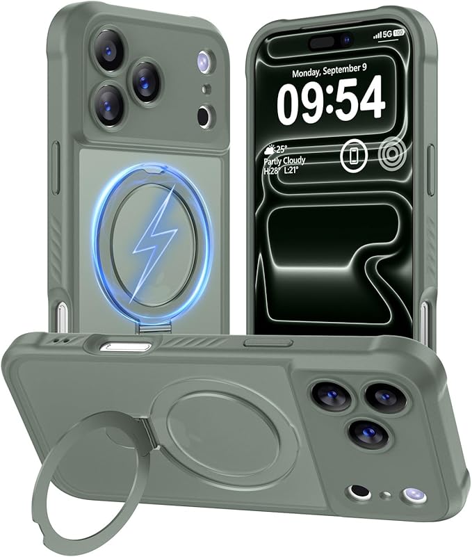 MOCCA Compatible with iPhone 17 Pro Case with Magnetic Invisible Stand [Full Camera Protection] [Compatible with Magsafe] Military Drop Shockproof Translucent Matte Phone Case Cover 6.3",Calke Green