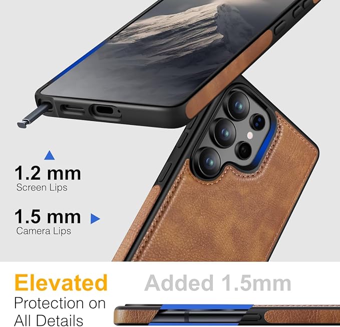 for Galaxy S25 Ultra Leather Case, Built-in Foldable Alloy Stand, with Camera Lens and Screen Protector, Slim Shockproof Kickstand Phone Cover 2025 (Brown)