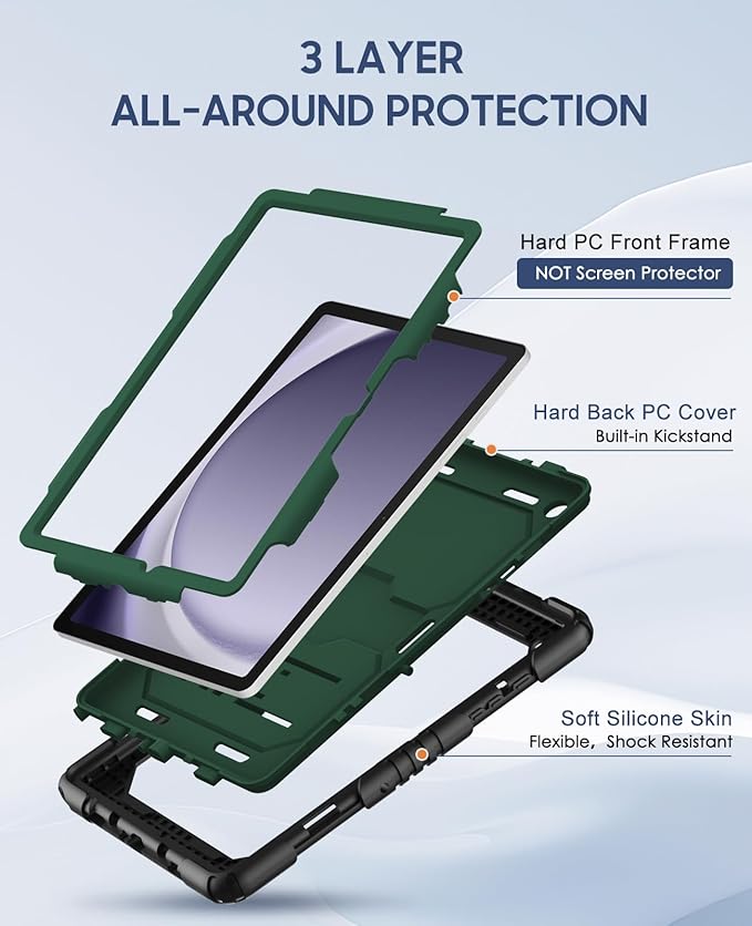 OKP Case for New Samsung Galaxy Tab A9 Plus 11 Inch 2023 (SM-X210/X216/X218), Heavy Duty Shockproof Rugged 11" Galaxy A9+ Tablet Protective Cover with Stand for Kids Boys Girls, Black+Alpine Green