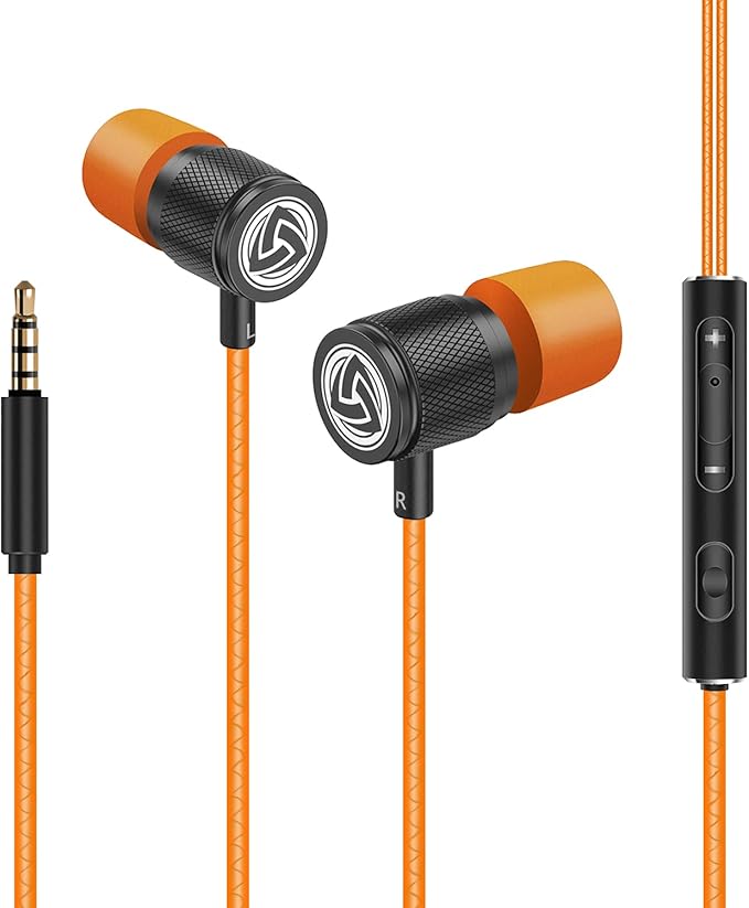 LUDOS Ultra Wired Earbuds in-Ear Headphones, 5 Years Warranty, Earphones with Microphone, Noise Isolating Ear Buds, Memory Foam for iPhone, Samsung, School Students, Kids, Women, Small Ears - Orange