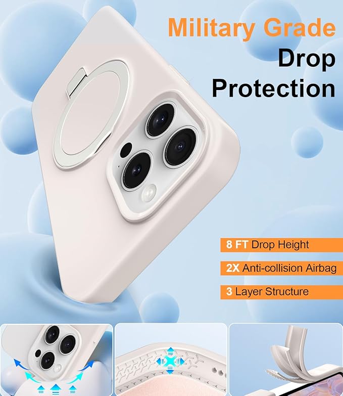 ZHK Liquid Silicone Designed for iPhone 14 pro Case with Magnet Stand, [Precise Camera Lens Protection][Mil-Grade Drop Shockproof][Soft Anti-Scratch Microfiber Lining] Slim Fit Cover, Beige