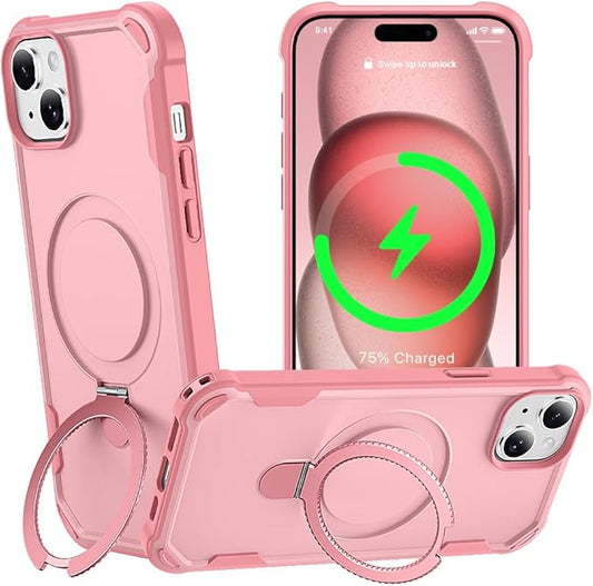 Designed for iPhone 15 Plus Case with Magnetic Stand [Military Drop Protection][Compatible with Magnet] Shockproof 15 Plus Phone Case with Ring Holder, Pink